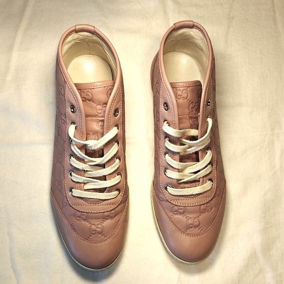 $750 Women's Gucci Leather High Top Sneakers Guccissima Nude Pink Sz 39.5 - Picture 3 of 10